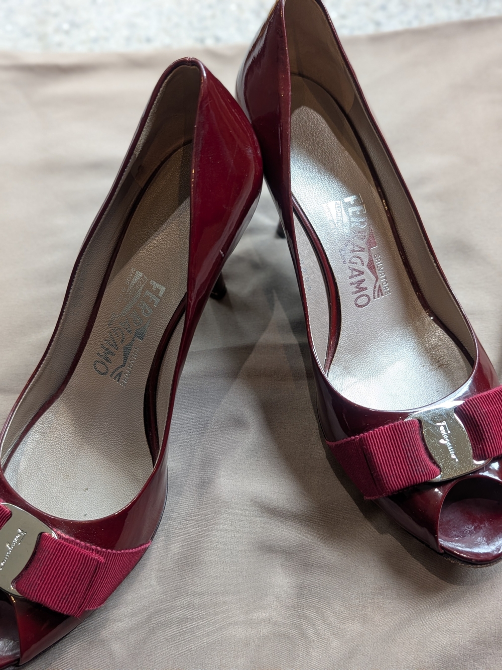 Salvatore Ferragamo Burgundy Patent Peep-Toe Pumps with Grosgrain Bow